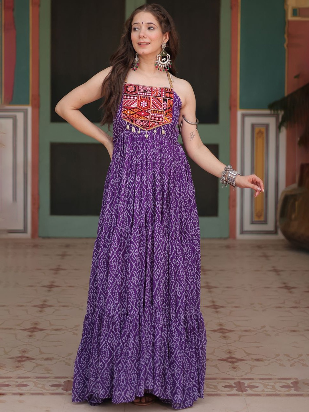 

KALINI Bandhani Printed Halter Neck Mirror Work Tiered Anarkali Kurta, Purple