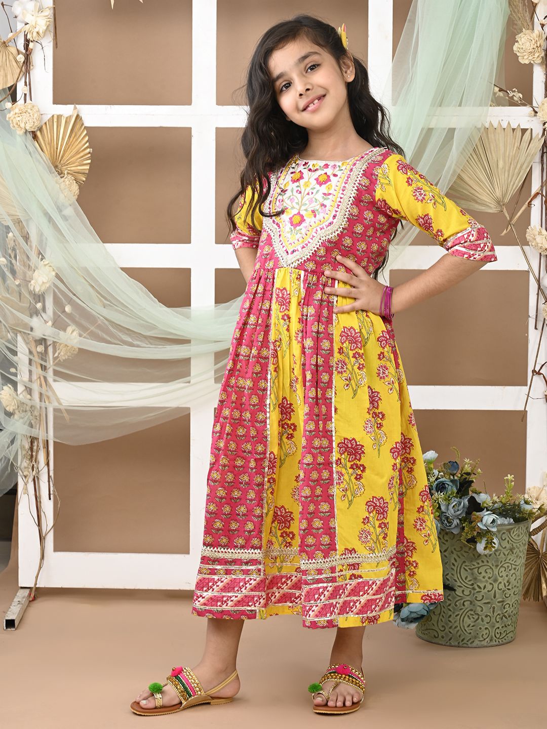 

LIL PITAARA Girls Floral Printed A-Line Maxi Dress, Yellow