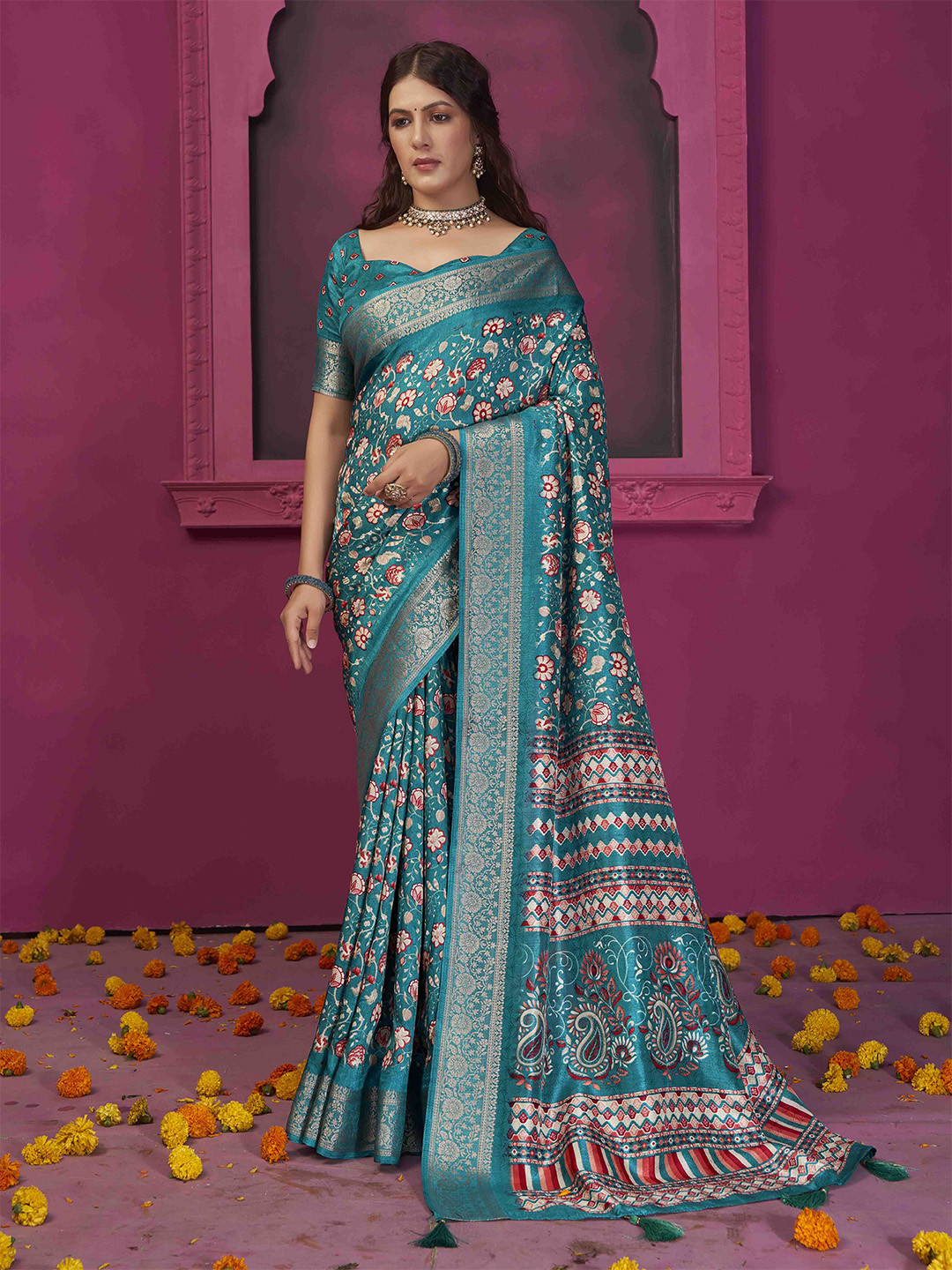 

Ethnielle Floral Woven Design Zari Saree, Teal