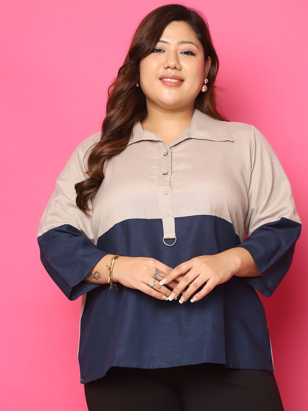 

theRebelinme Colourblocked Linen Shirt Style Top, Beige