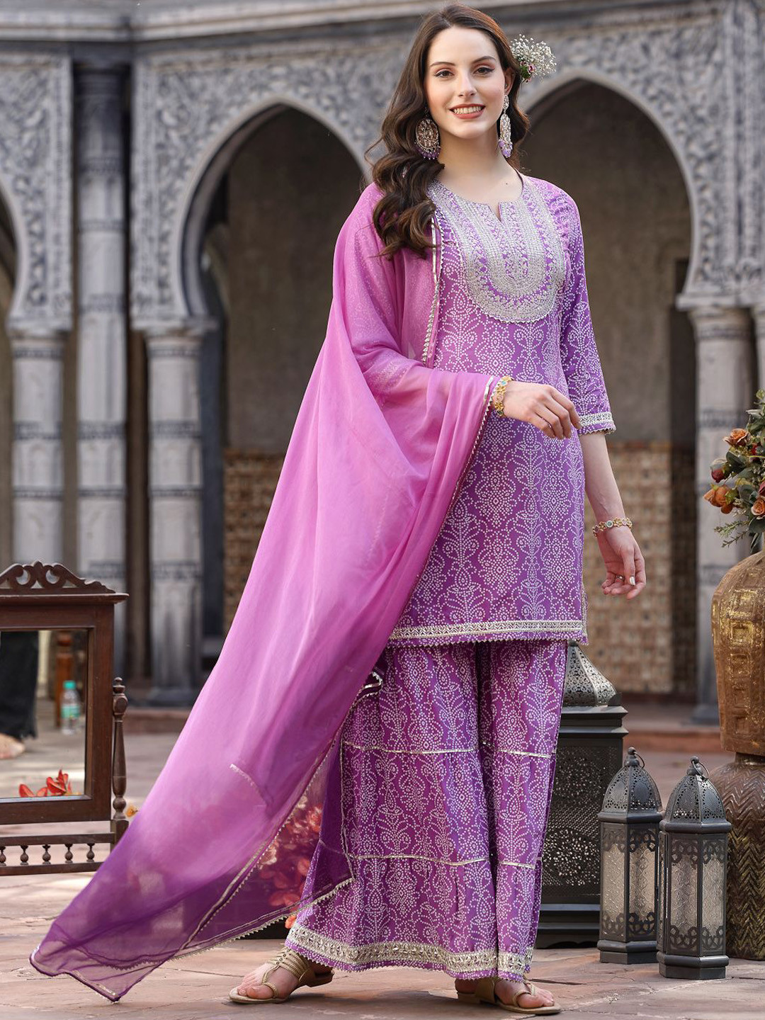 

Stylum Women Ethnic Motifs Printed Regular Gotta Patti Kurta with Sharara & With Dupatta, Purple