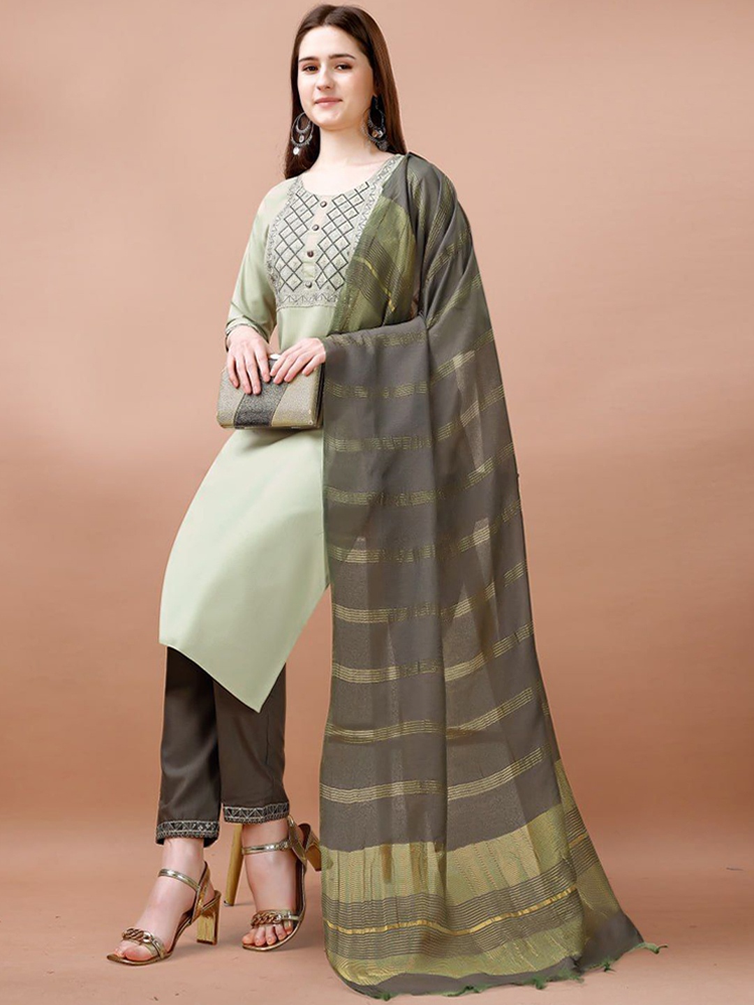 

Growdamy Ethnic Motifs Yoke Design Sequinned Kurta With Trousers & Dupatta, Green