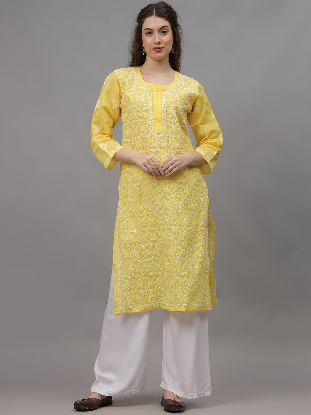 

Seva Chikan Ethnic Motifs Embroidered Chikankari Straight Kurta, Yellow