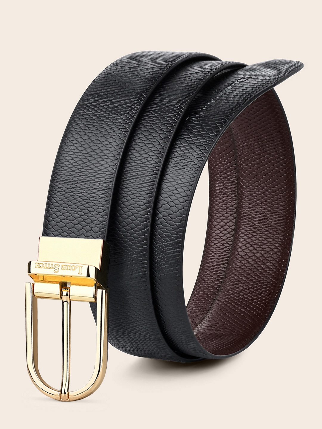 

LOUIS STITCH Men Textured Leather Formal Reversible Belts, Black