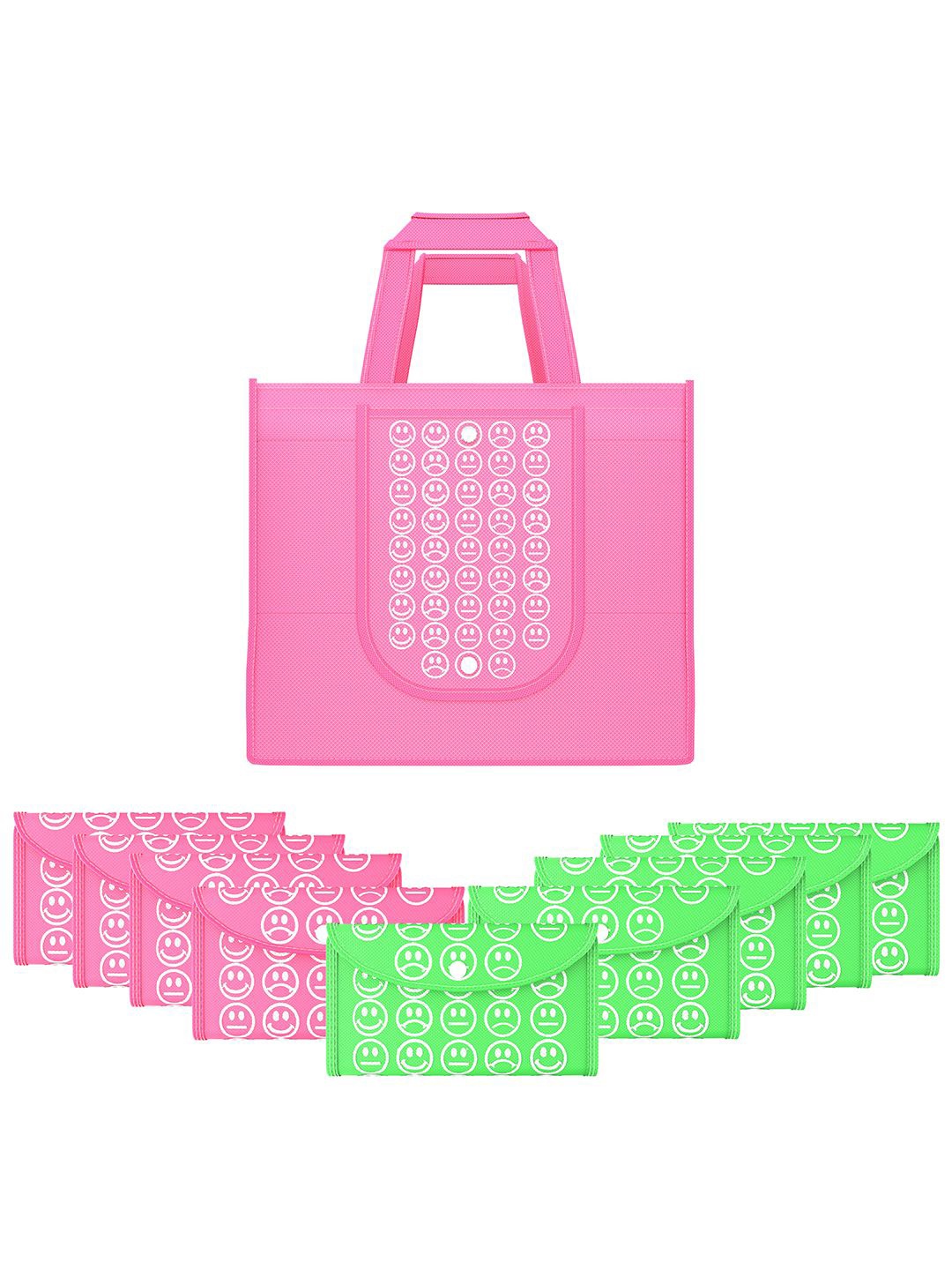 

Kuber Industries Set of 10 Smiley Printed Lightweight Foldable & Reusable Shopping Bags, Pink