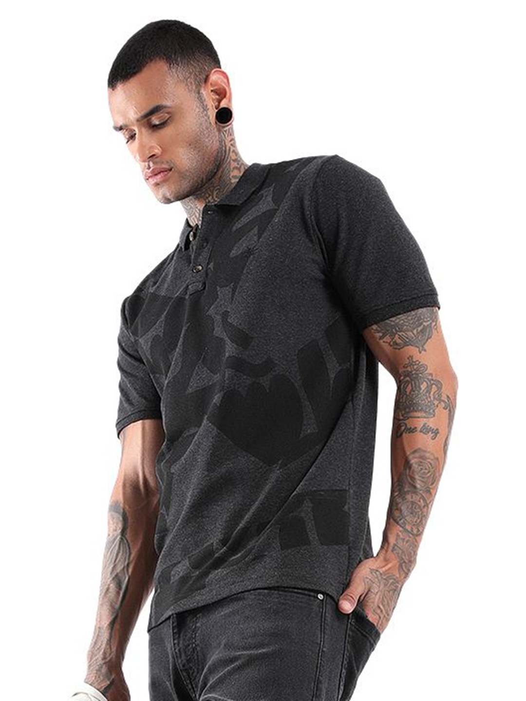 

WROGN Men Abstract Printed Polo Collar Cotton Slim Fit T-Shirt, Grey