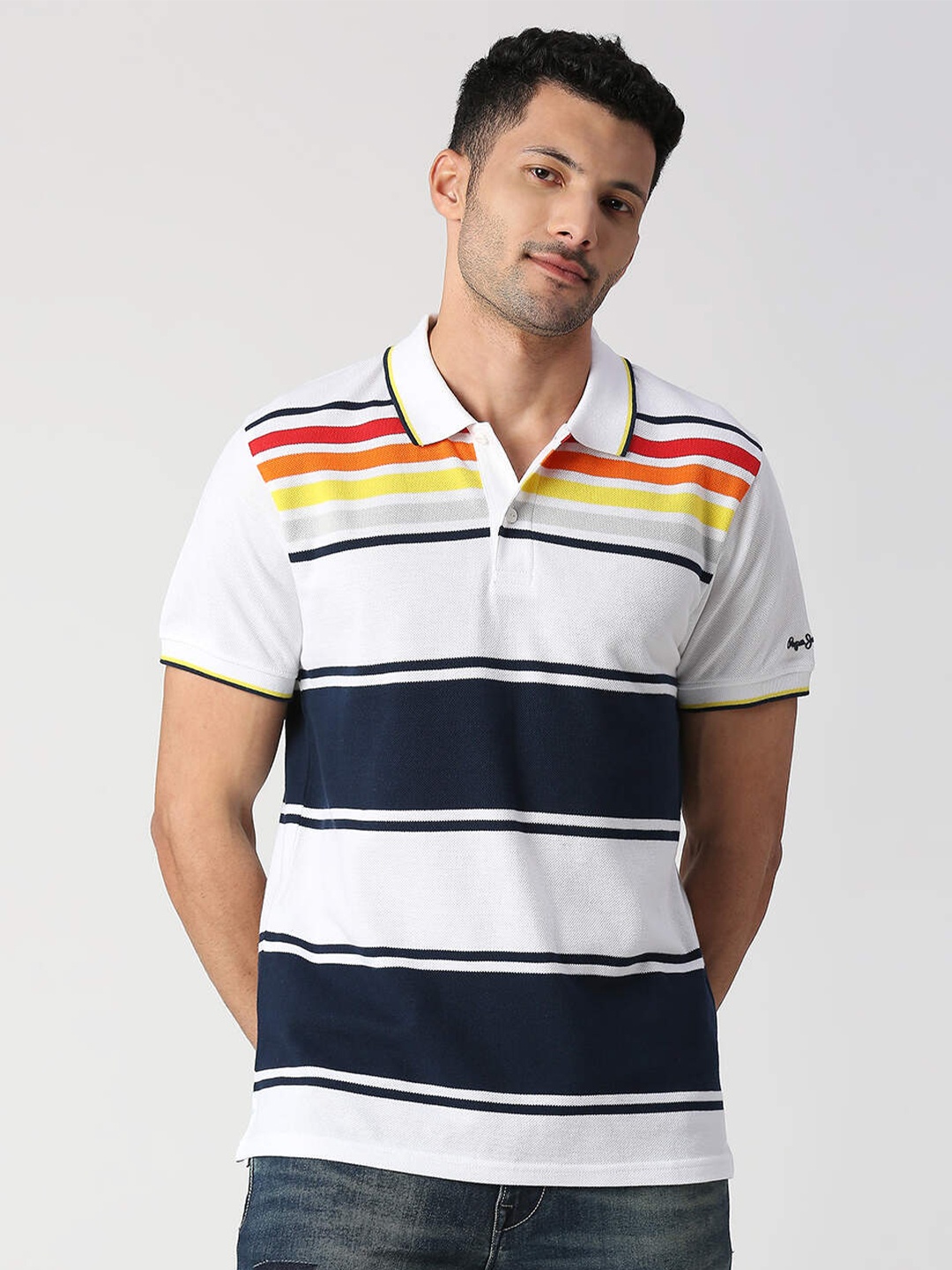 

Pepe Jeans Men White Striped Pure Cotton Polo Collar T-shirt