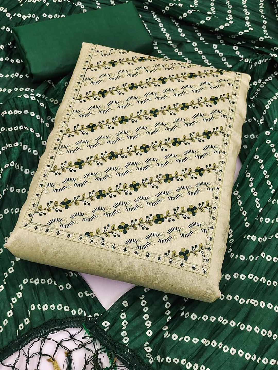 

Aika Thread Work Unstitched Dress Material, Sea green