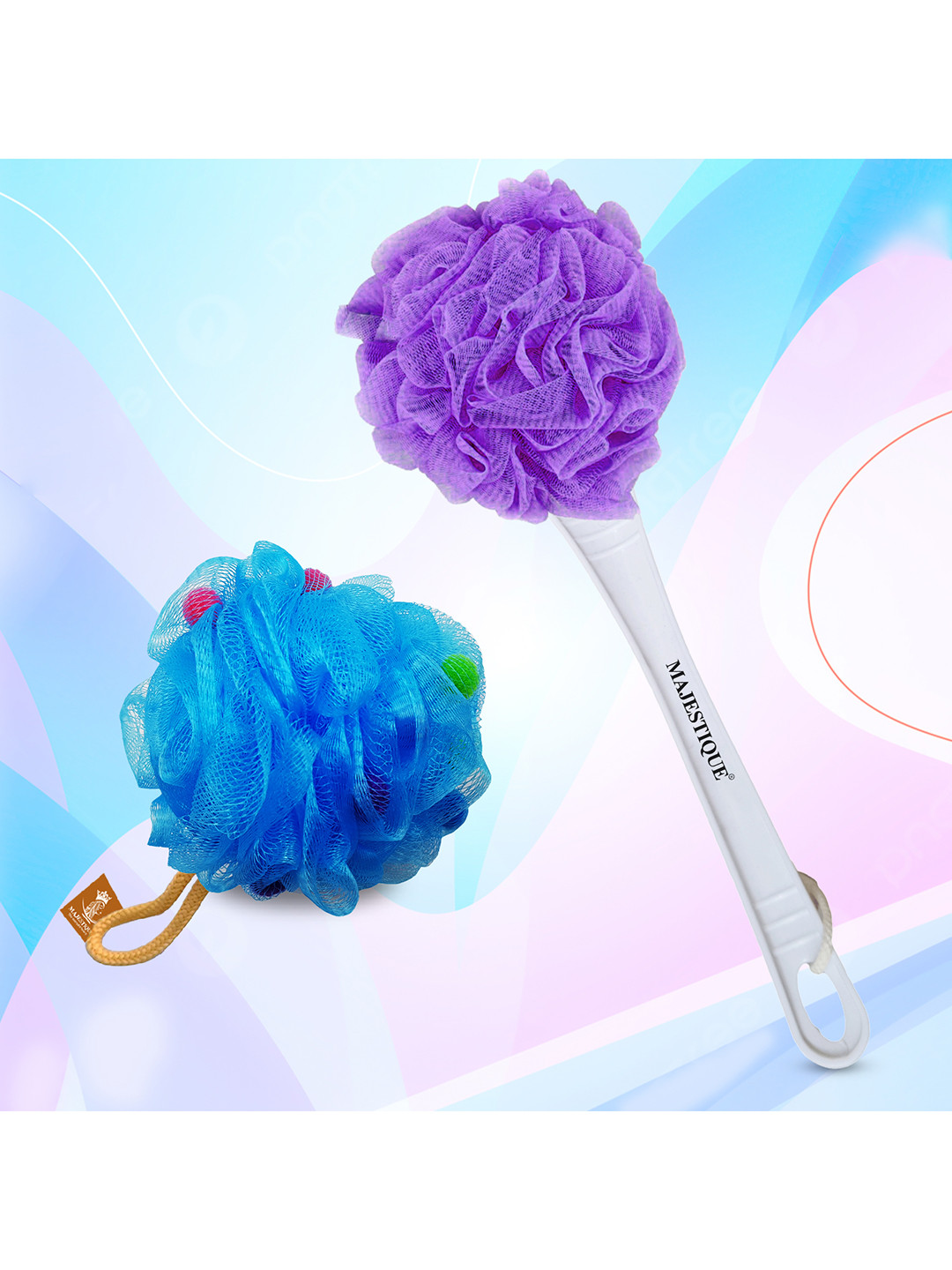 

MAJESTIQUE Set of 2 Shower Scrub Sponge with Long Handle Bath Accessories, Multi