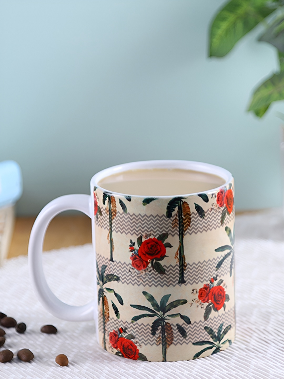 

PENTADECO Beige & Red Floral Printed Ceramic Glossy Tea and Coffee Mug