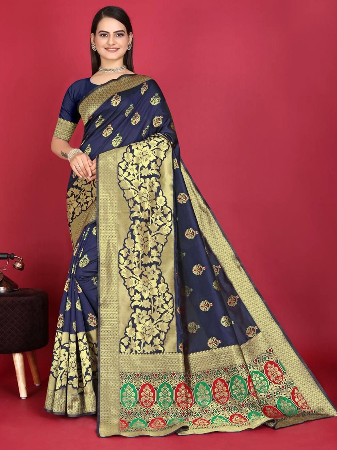 

SANJANA SILK Woven Design Zari Banarasi Saree, Navy blue