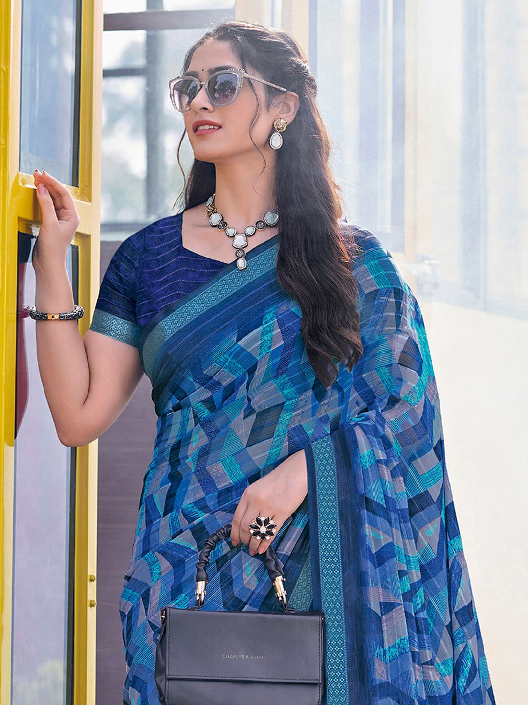 

Satrani Printed Pure Georgette Muga Saree, Blue