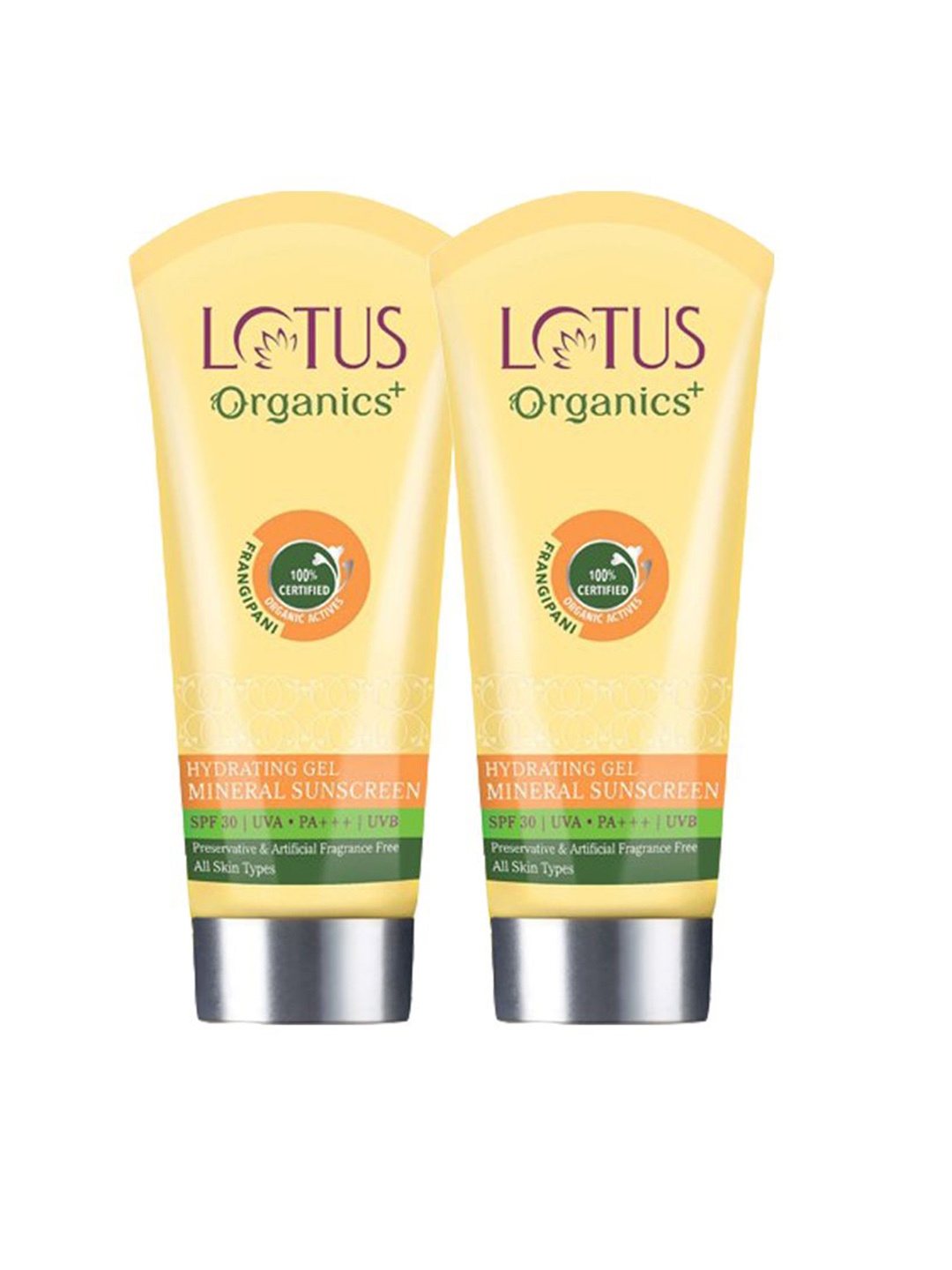 

Lotus Organics+ Set Of 2 Frangipani Hydrating Gel PSF 30 Mineral Sunscreen - 50g Each, Yellow