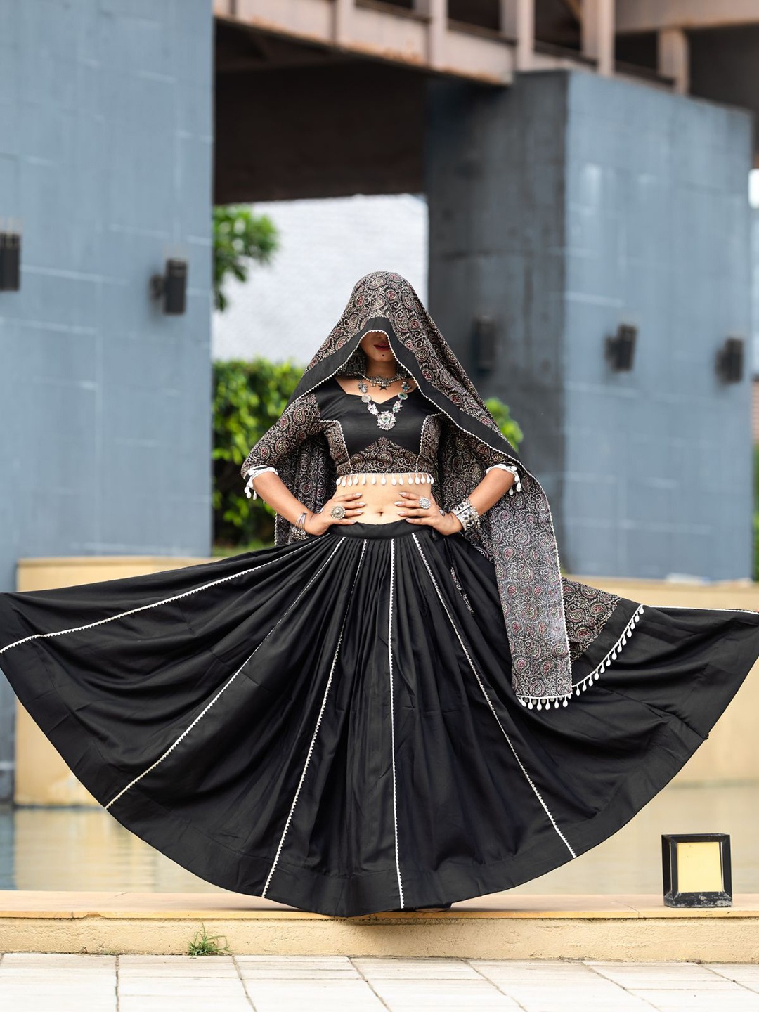 

ODETTE Printed Cotton Ready to Wear Lehenga & Blouse With Dupatta, Black