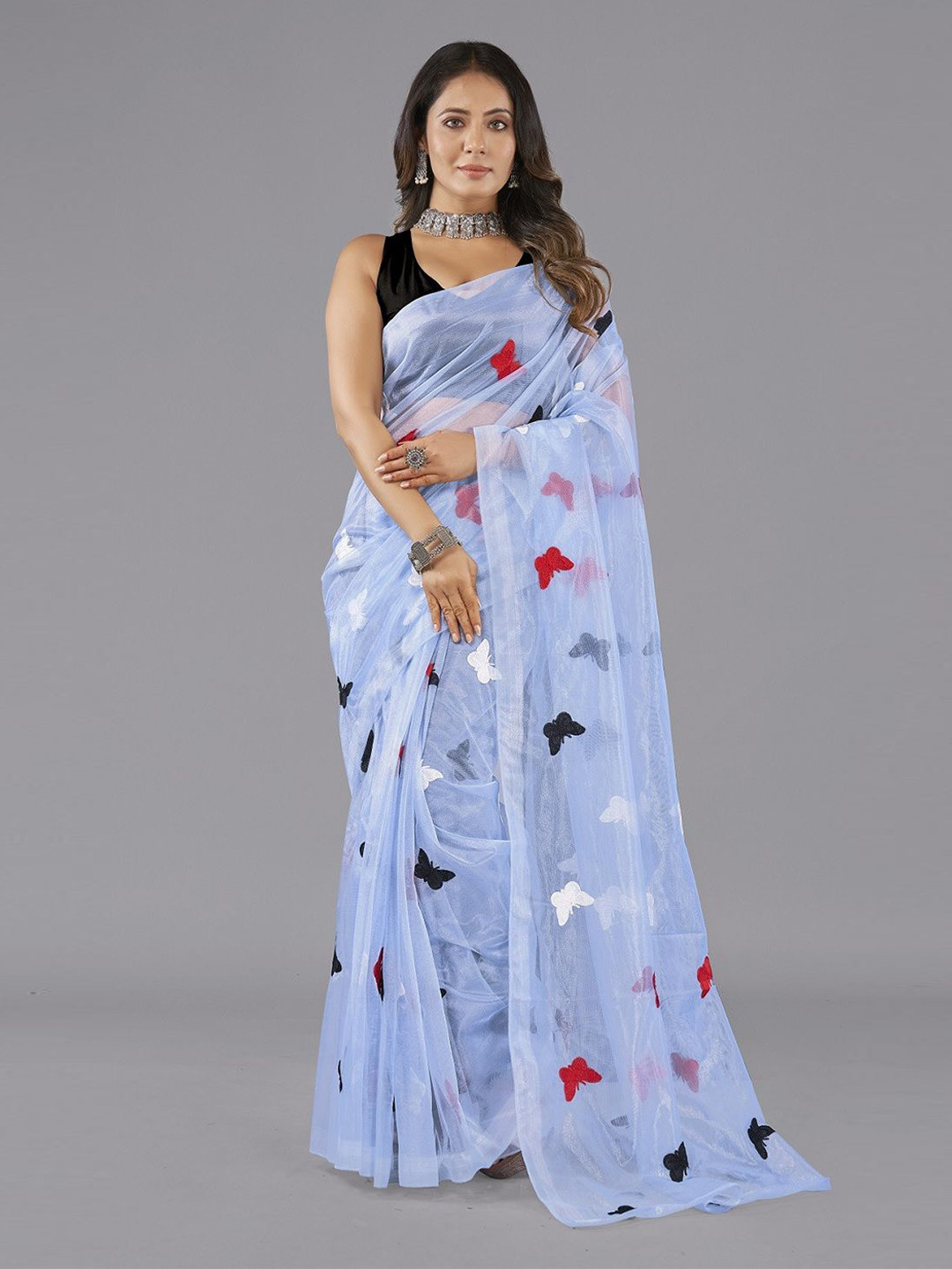 

Aika Ethnic Motifs Embroidered Net Saree, Turquoise blue