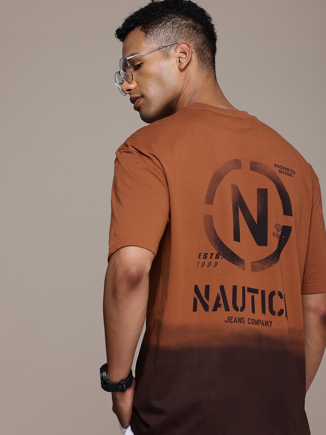 

Nautica Tie and Dye With Typography Drop-Shoulder Sleeves Pure Cotton T-shirt, Brown