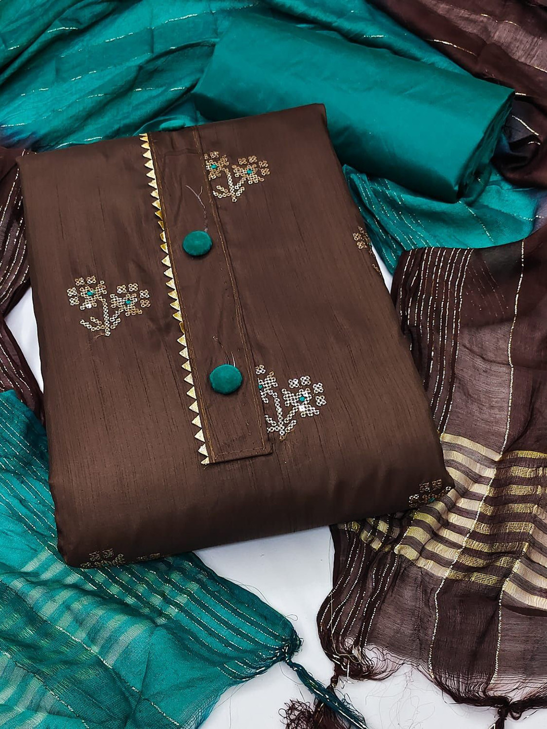 

Aika Ethnic Motifs Embroidered Sequinned Unstitched Dress Material, Brown
