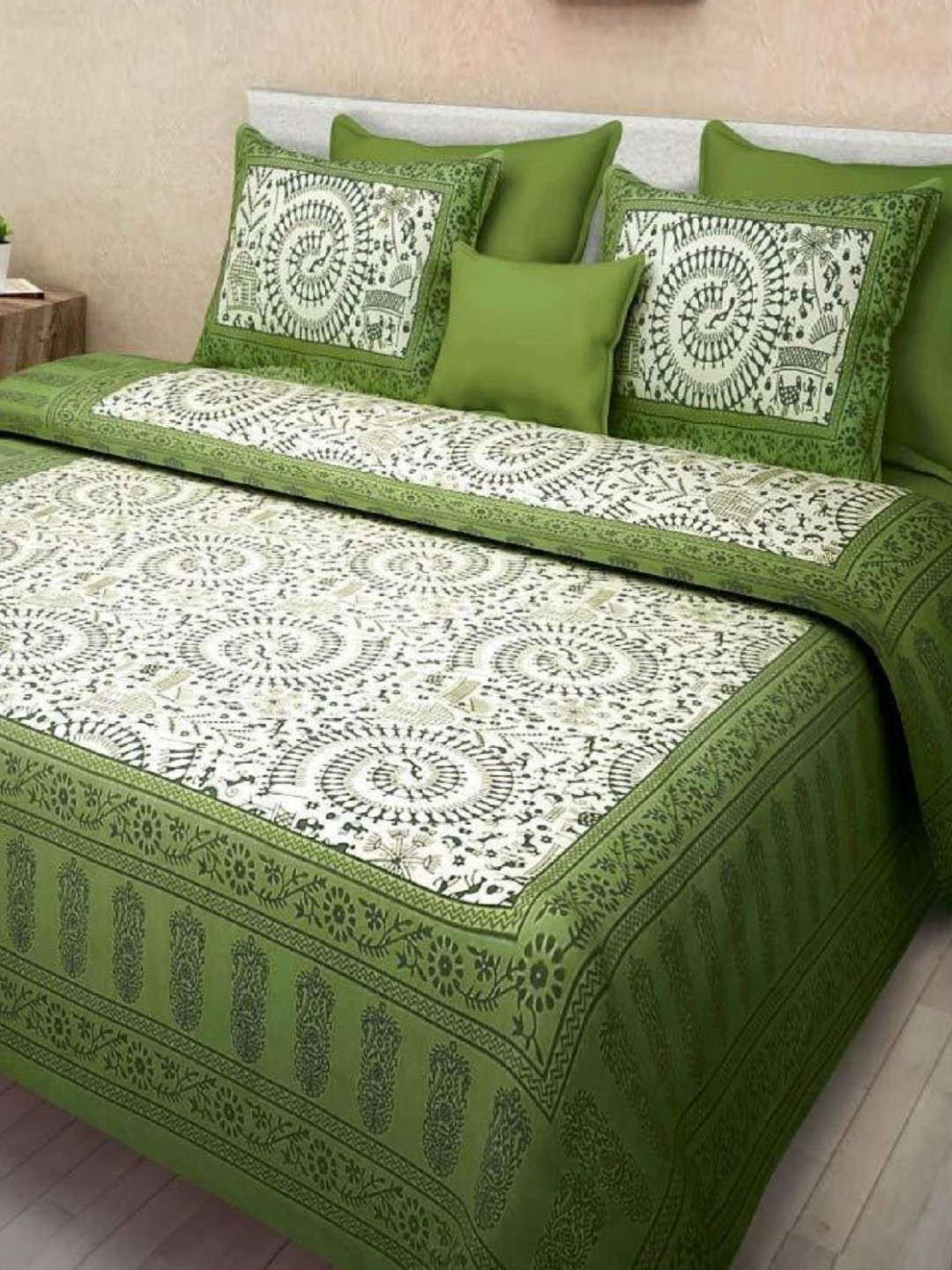 

AYAT COLLECTION Green & White Geometric 144 TC Queen Bedsheet with 2 Pillow Covers
