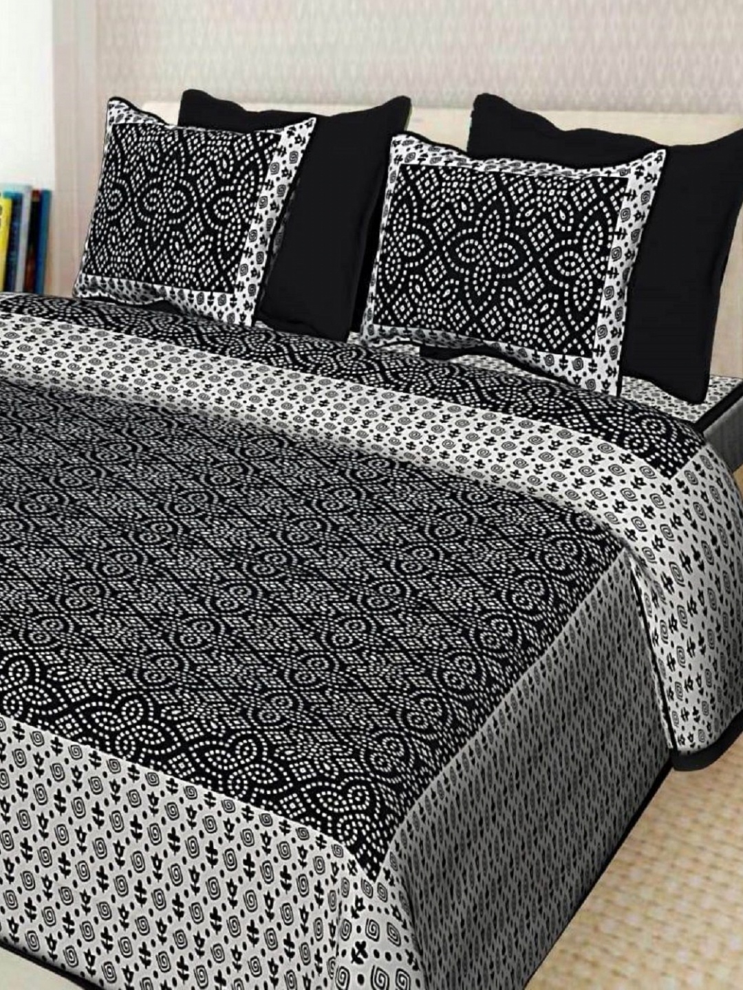 

AYAT COLLECTION Black & White Ethnic Motifs 144 TC Queen Bedsheet with 2 Pillow Covers