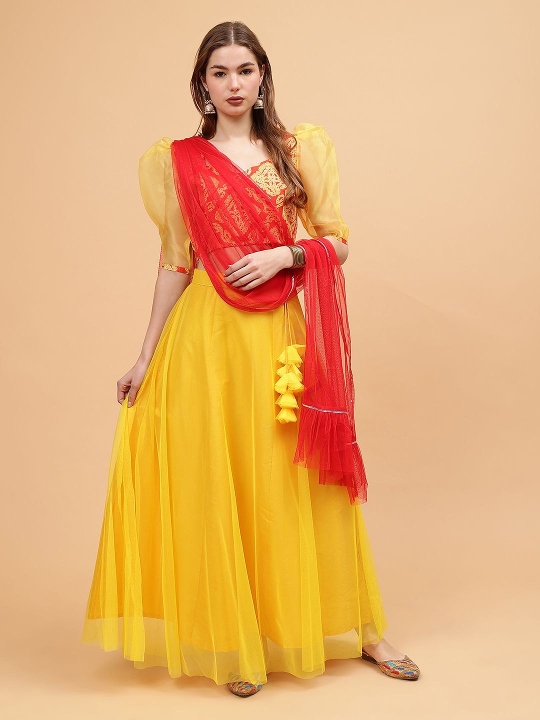 

Frolic Rolic Solid Net Skirt & Printed Silk Blouse Set With Dupatta, Yellow