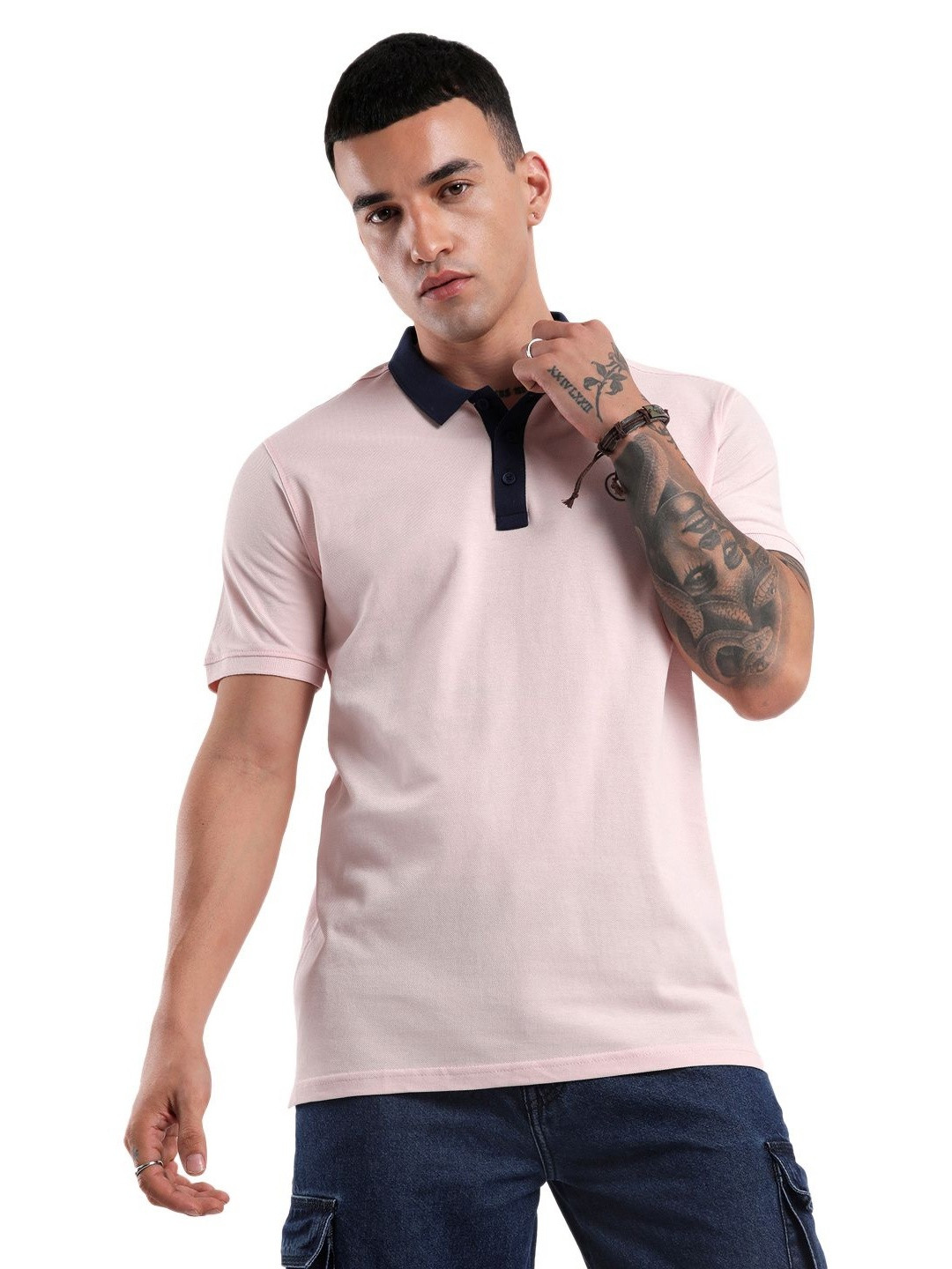 

WROGN Men Solid Polo Collar Cotton Slim Fit T-Shirt, Pink