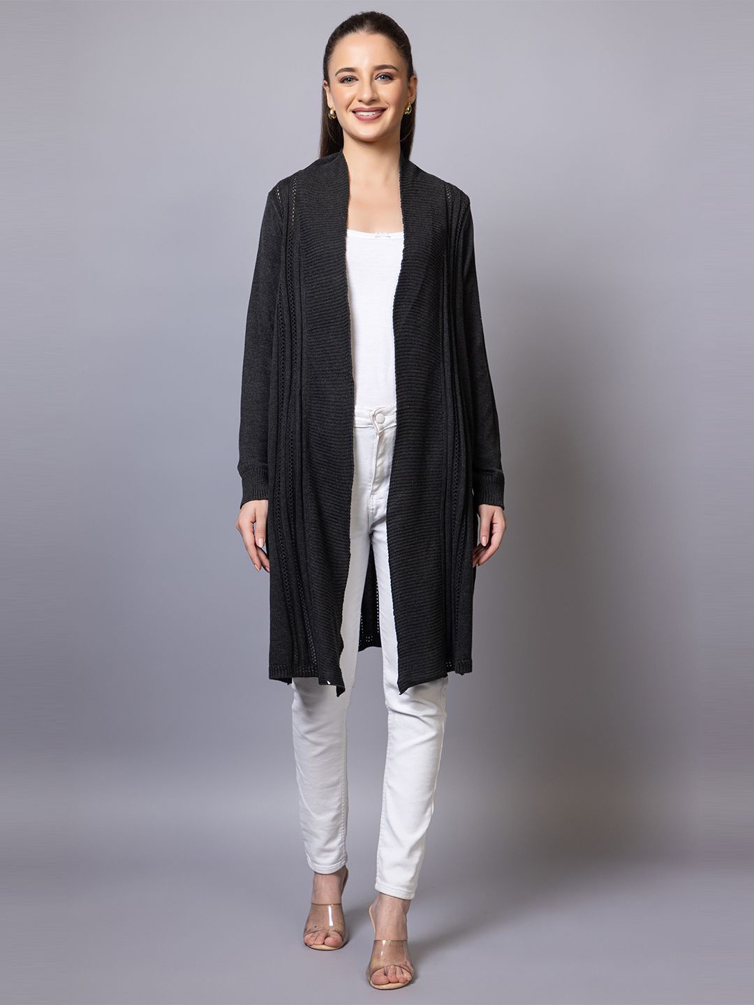 

Anouk Charcoal Self Design V-Neck Winter Open Front Longline Shrug