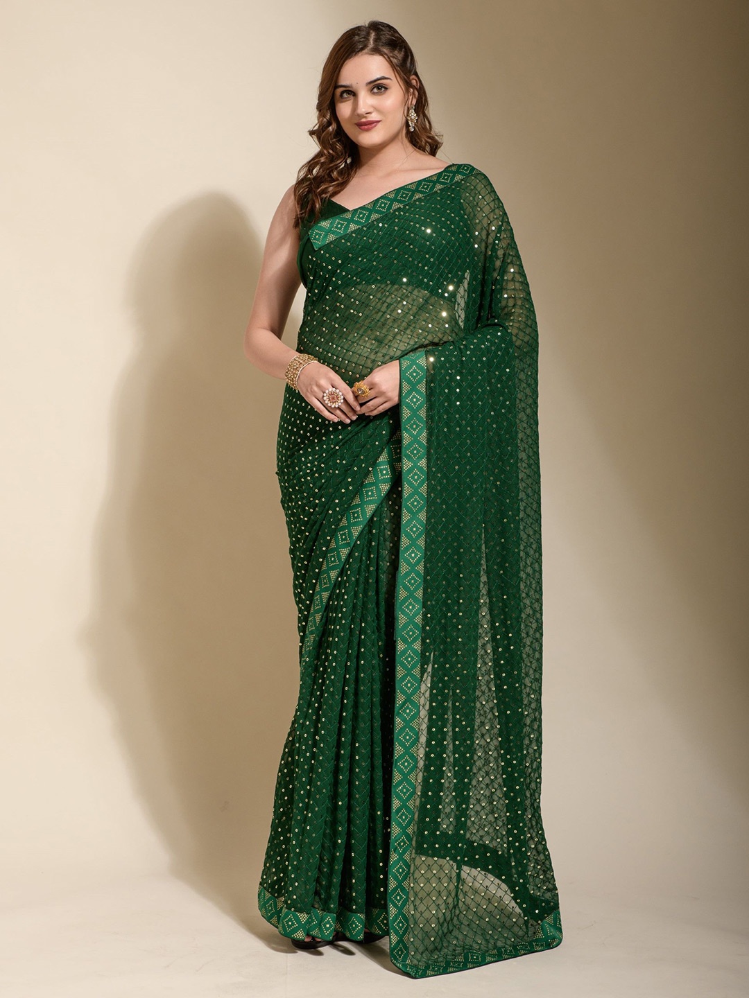 

Panzora Embellished Sequinned Saree, Green