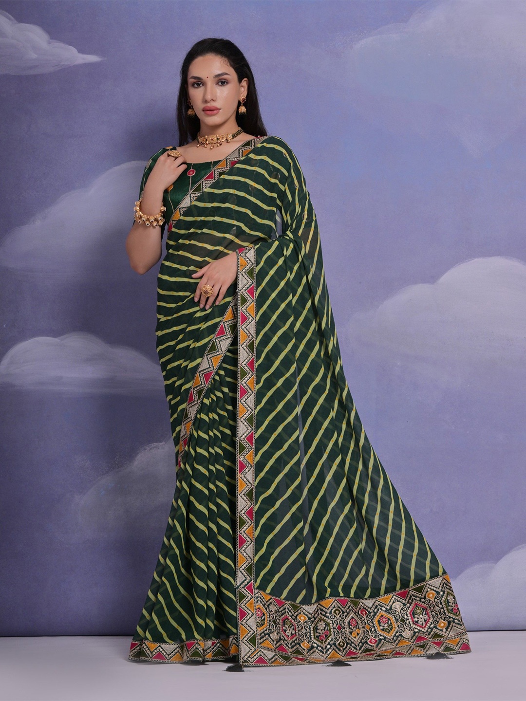 

Panzora Striped Sequinned Poly Georgette Saree, Green