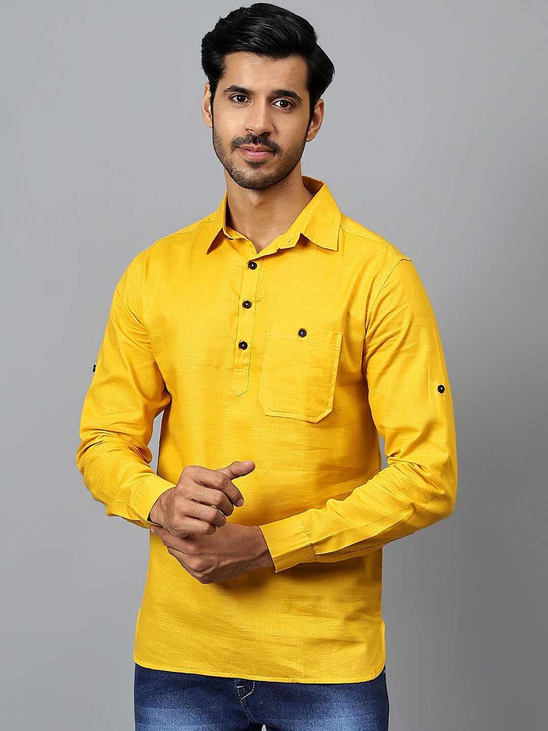 

Yugnik Shirt Collar Roll Up Sleeves Cotton Straight Short Kurta, Yellow
