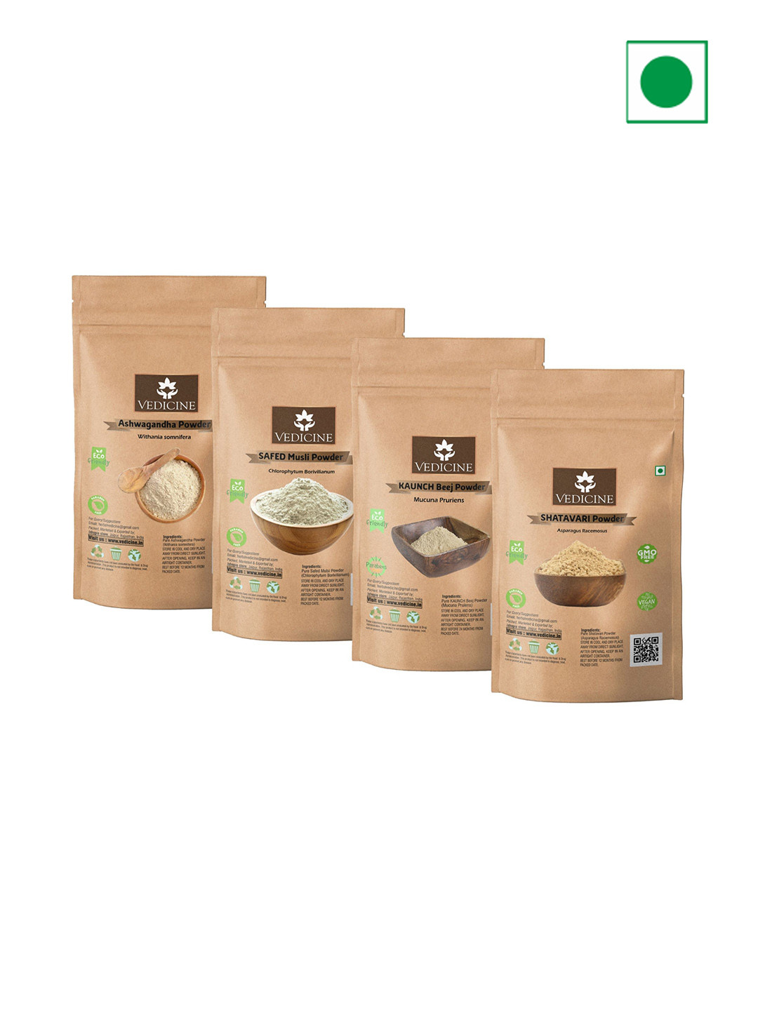

VEDICINE Set Of 4 Ashwagandha Shatavari Safed Musli Konch Kaunch Beej Powder - 100g Each, Brown