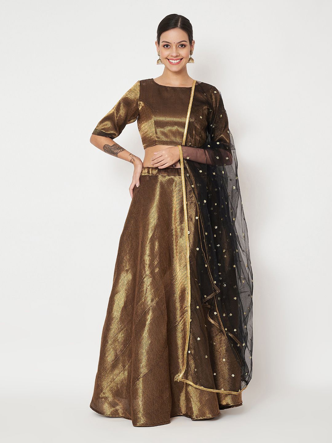 

studio rasa Woven Design Zari Brocade Silk Ready to Wear Lehenga & Blouse With Dupatta, Gold