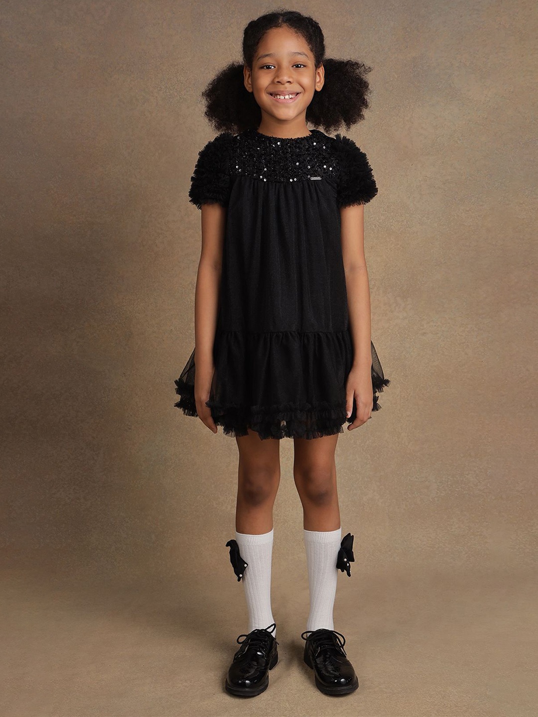 

One Friday Girls Puff Sleeves A-Line Mini Dress, Black