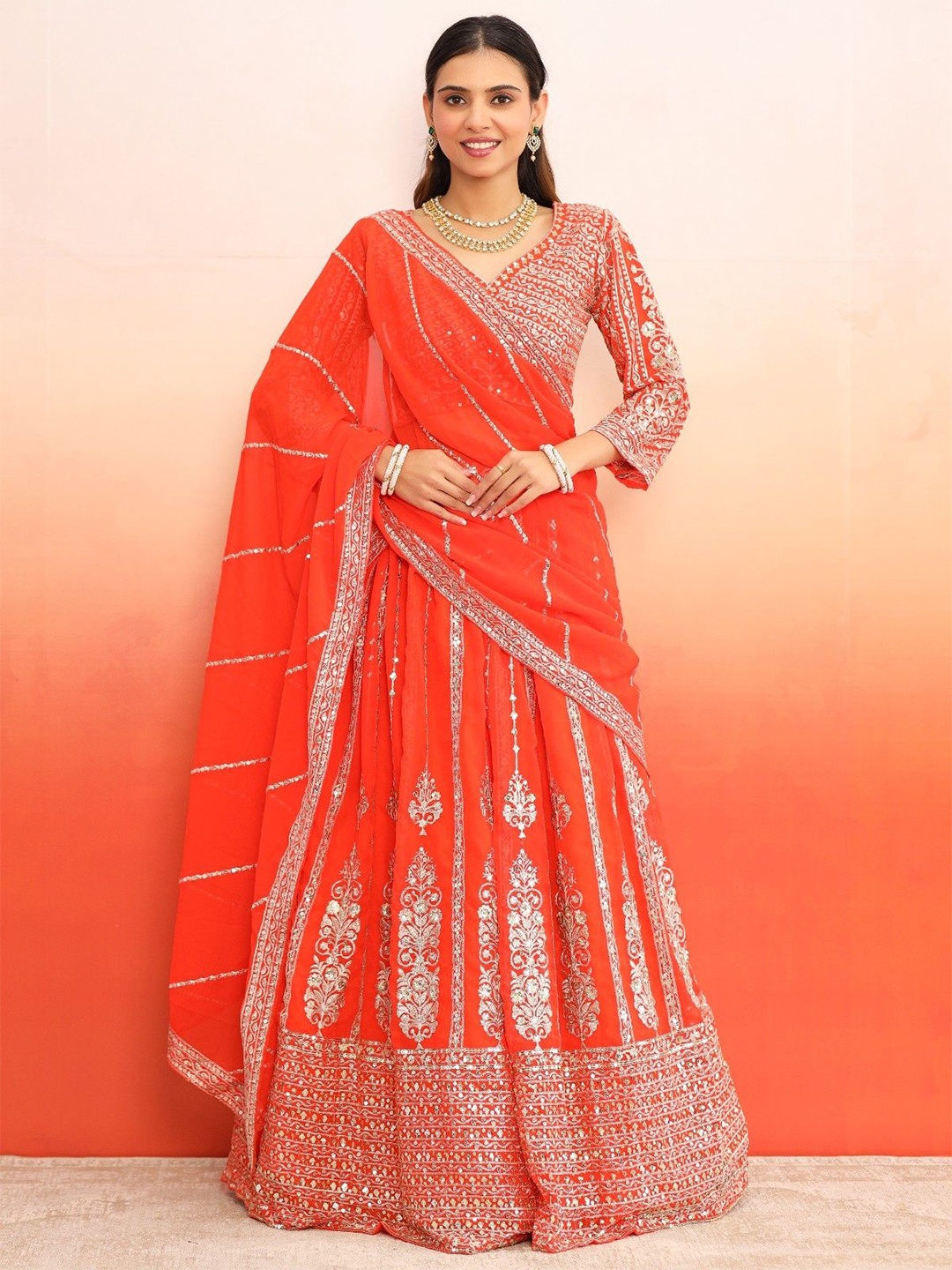 

Futra Gabha Embellished Sequinned Georgette Ready to Wear Lehenga & Blouse With Dupatta, Orange