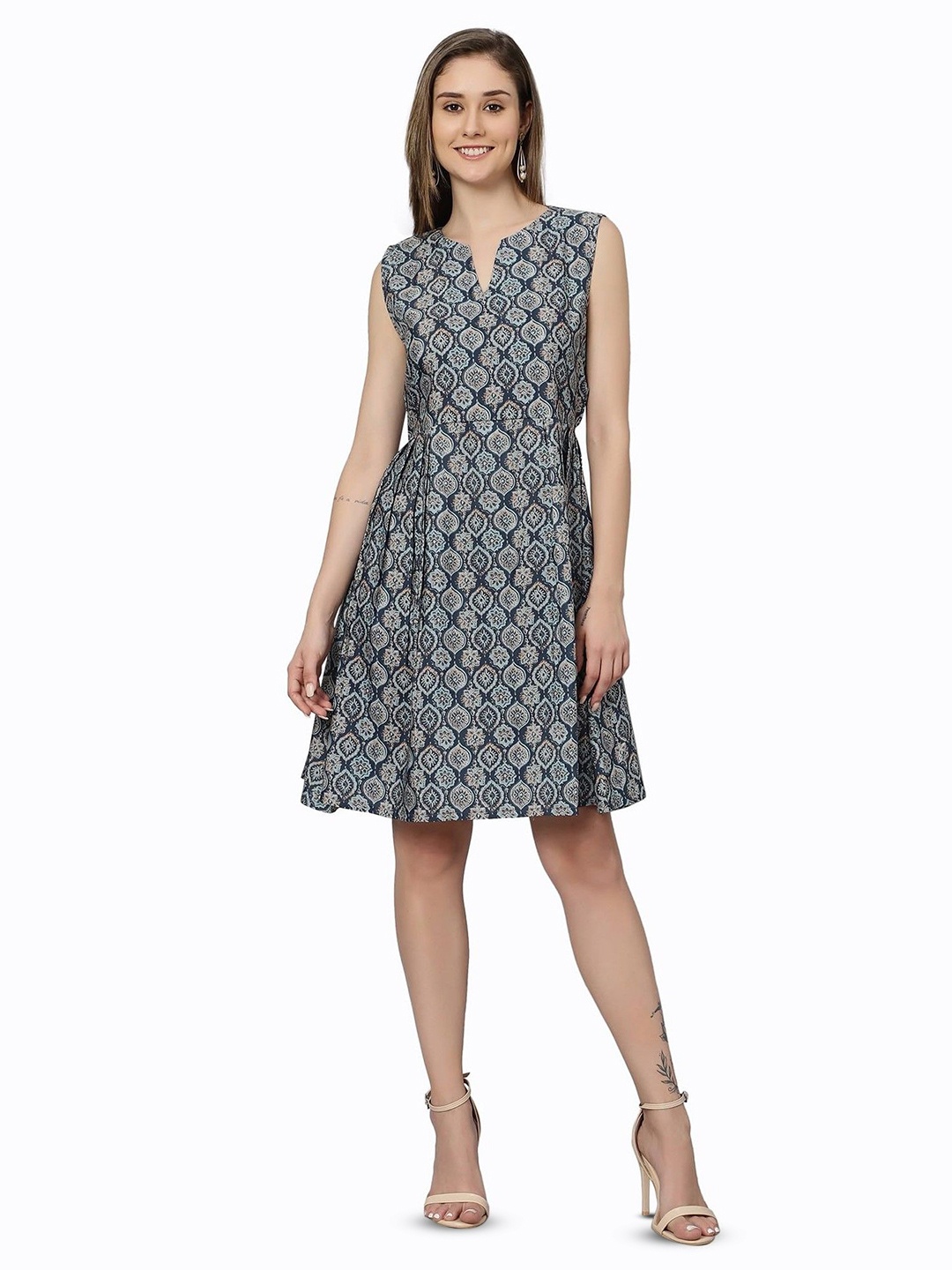 

JAIPURI BUNAAI Women Ethnic Motifs Printed Above Knee Fit & Flare Dress, Green