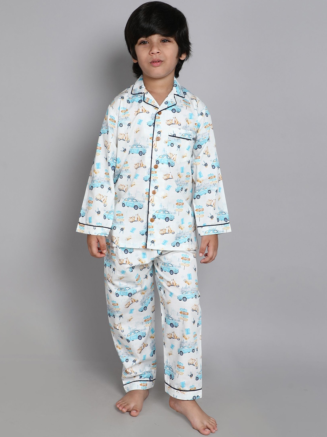 

Little Clothings Unisex Kids pure cotton Lapel Collar Printed Night suit, White