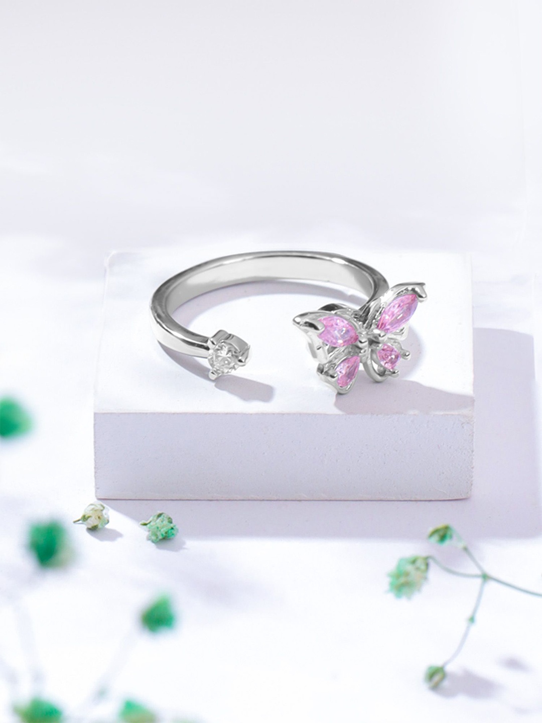 

Yellow Chimes Rhodium Plated Cubic Zirconia & Crystal Studded Butterfly Shaped Finger Ring, Silver
