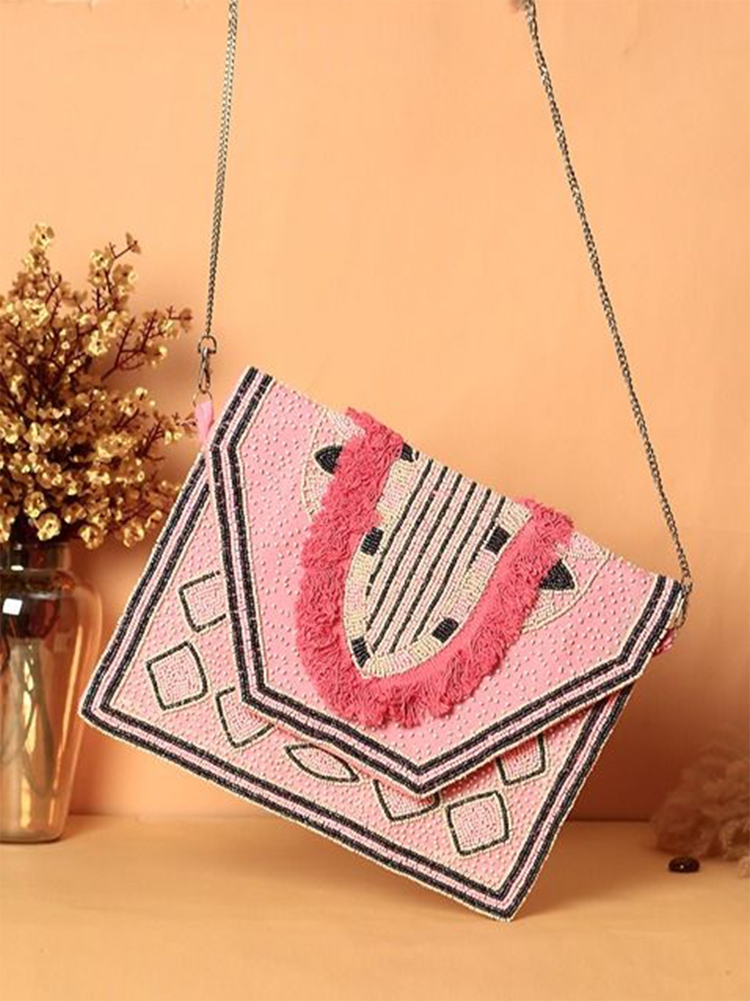 

Swisni Embroidered Envelope Clutch, Pink