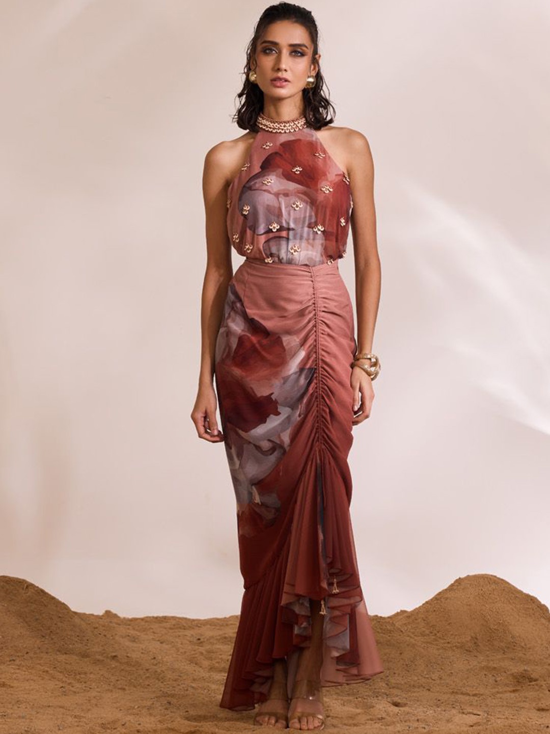 

DIVYA AGGARWAL Embellished Sleeveless Top & Skirt, Rust