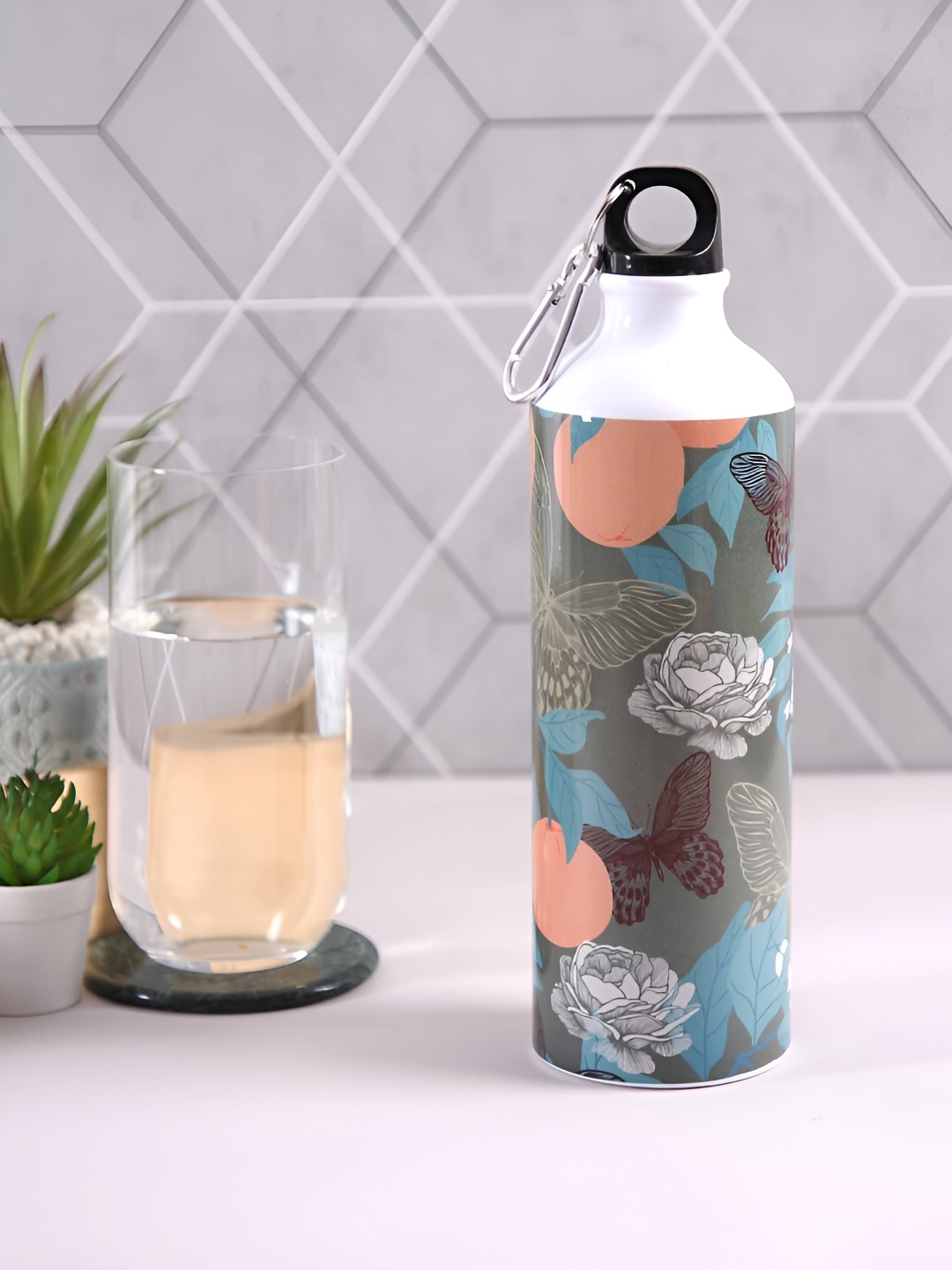 

PENTADECO Grey & Orange Aluminium Floral Single Wall Vacuum Water Bottle 750 ml, White