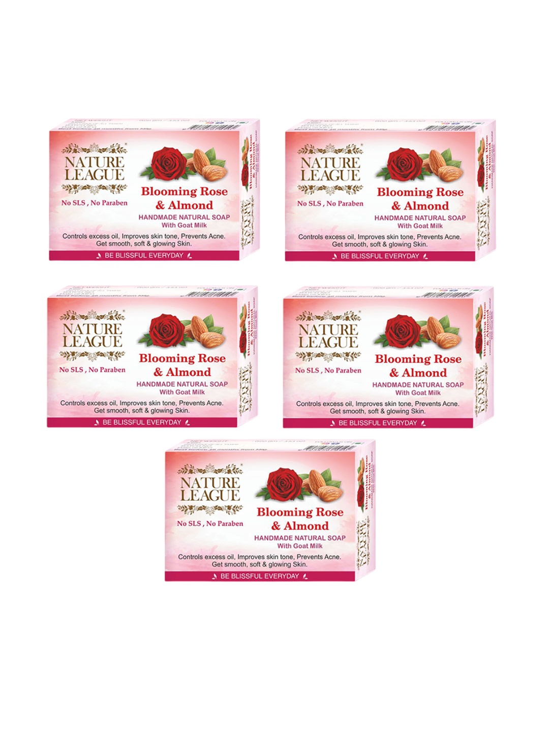 

NATURE LEAGUE Set of 5 Blooming Rose & Almond Handmade Soap with Goat Milk -100 g Each, Pink