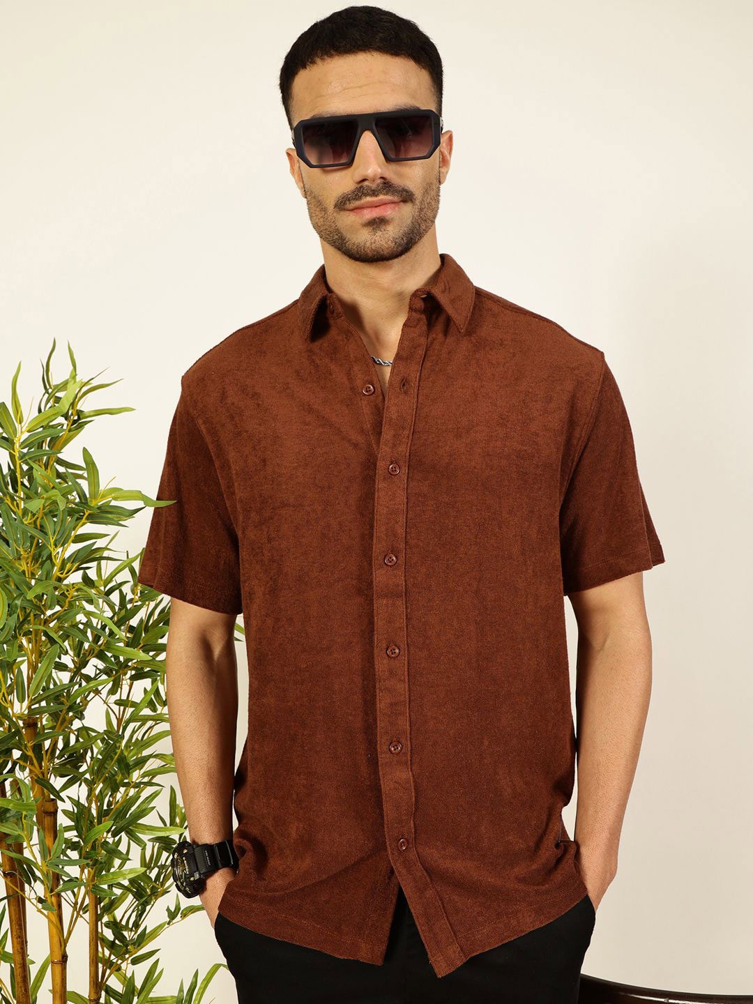 

Thomas Scott Men Relaxed Fit Terry Towel Casual Knit Shirt, Brown