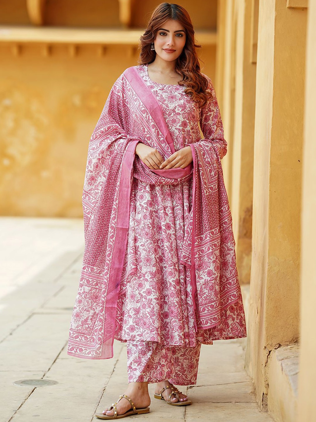 

KALINI Floral Printed Round Neck Pure Cotton Anarkali Kurta With Trousers & Dupatta, Pink