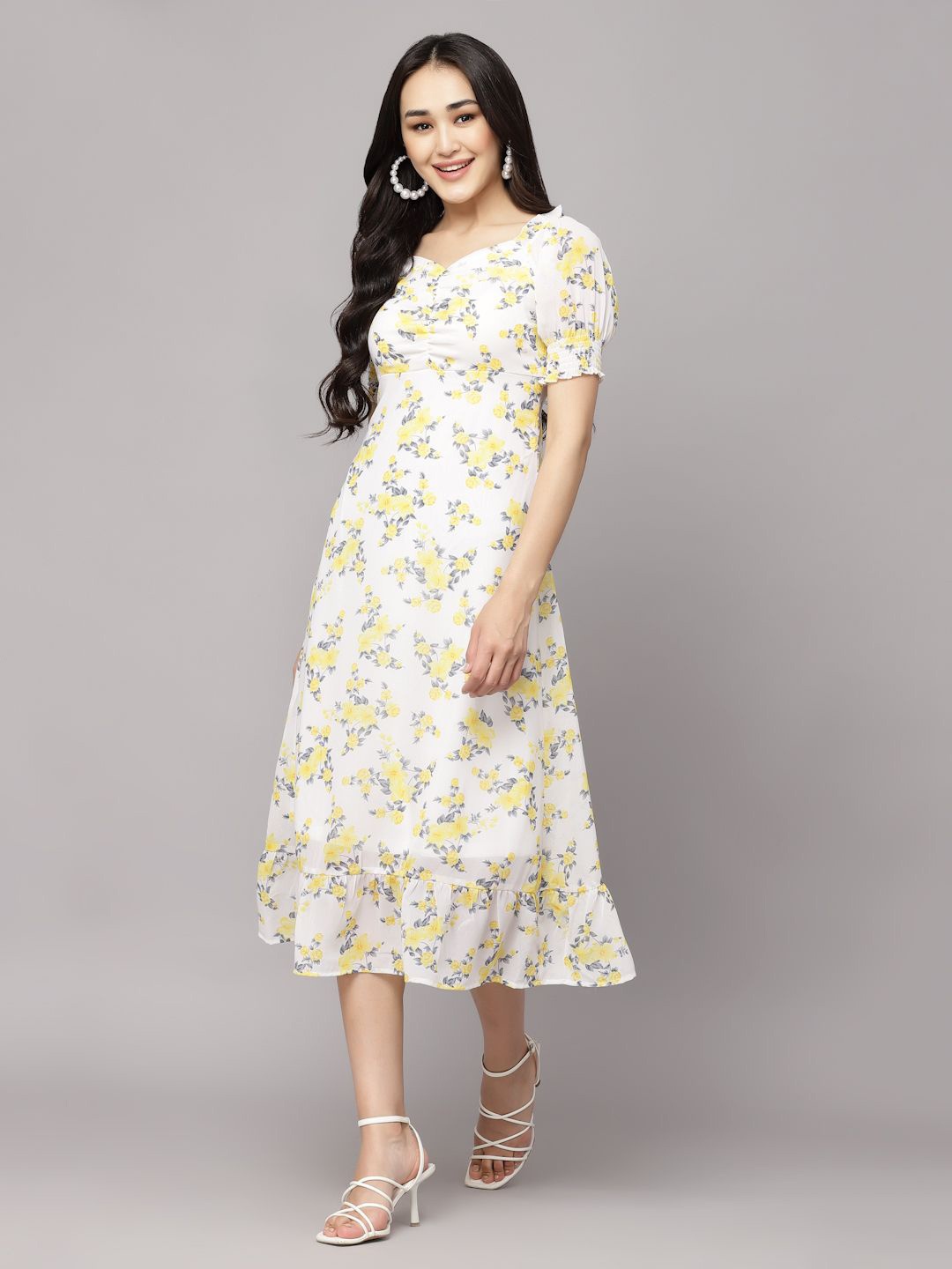 

aayu Floral Printed A-Line Midi Dress, Yellow