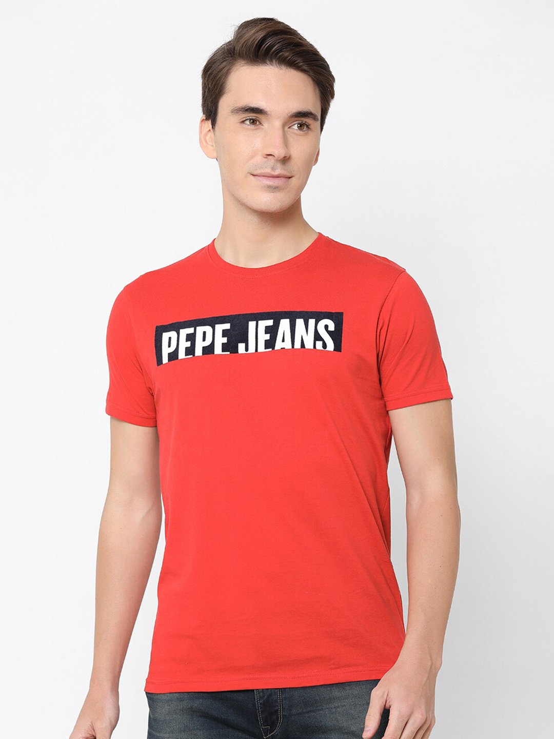 

Pepe Jeans Men Red & Black Brand Logo Printed Slim Fit Pure Cotton T-shirt