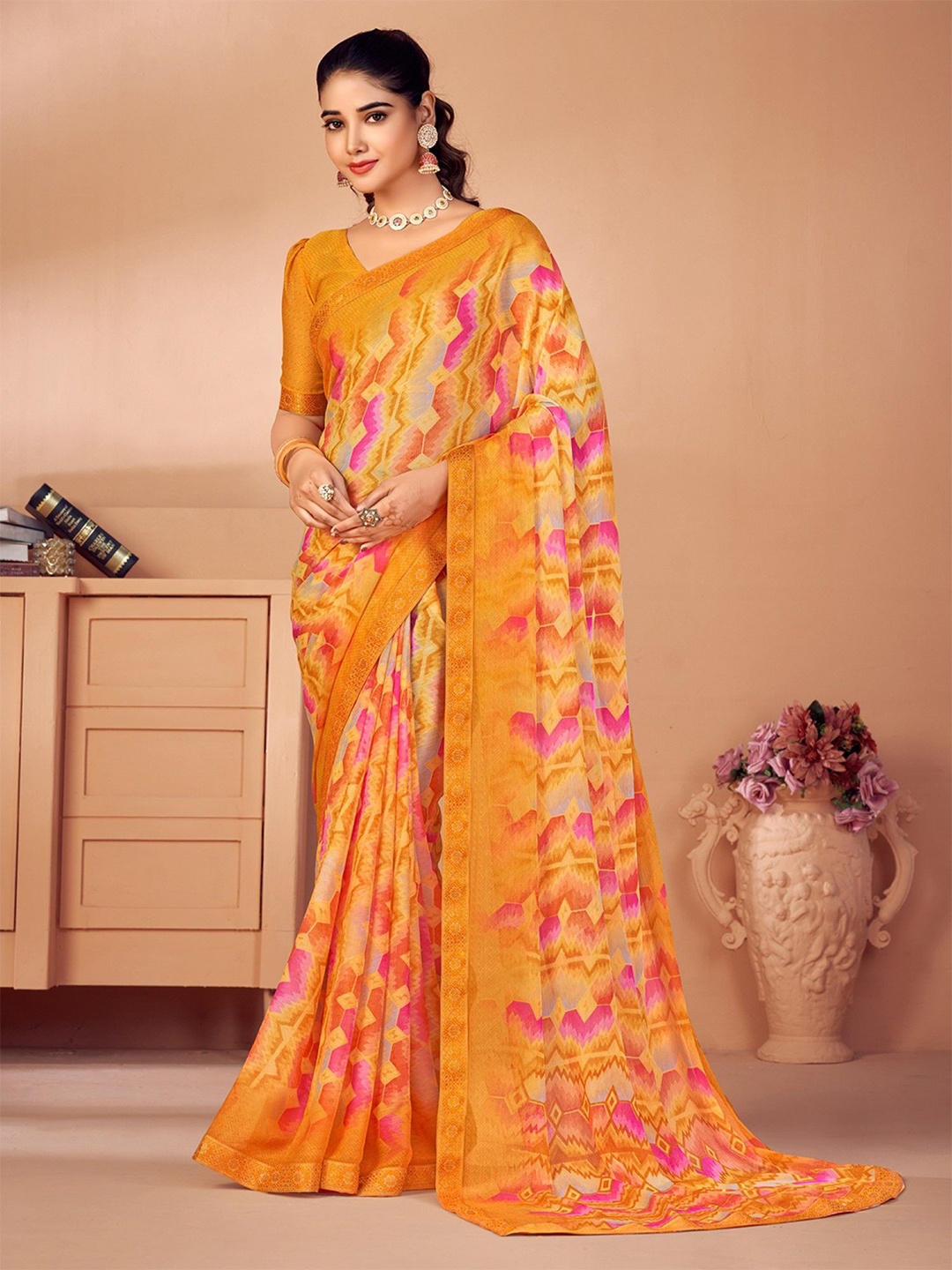 

Panzora Women Chiffon Printed With Banarasi Border Saree With Unstitched Blouse Piece, Orange