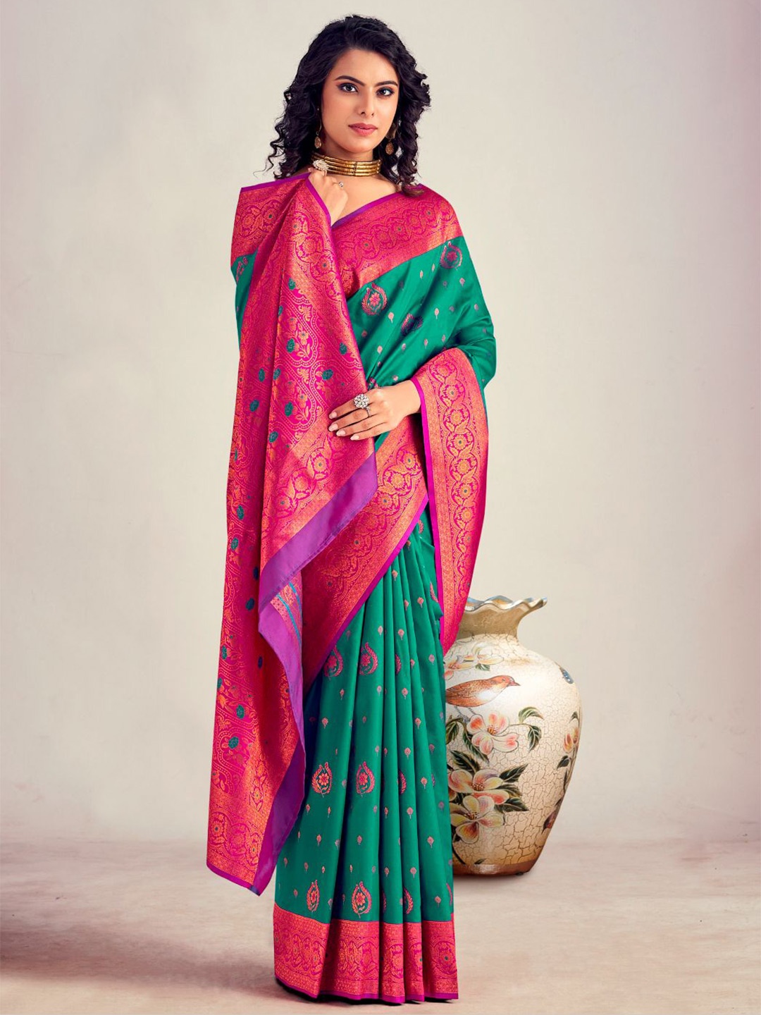 

NK Textiles Woven Design Zari Kanjeevaram Saree, Sea green