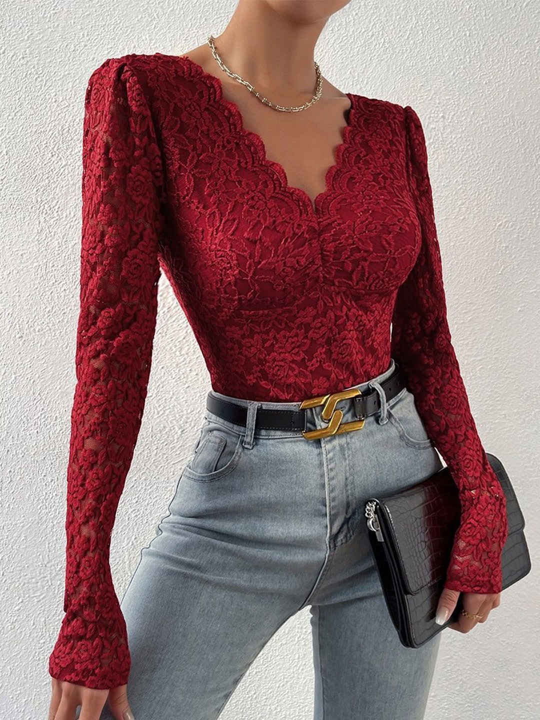 

StyleCast Embroidered Long Sleeves Bodysuit, Maroon