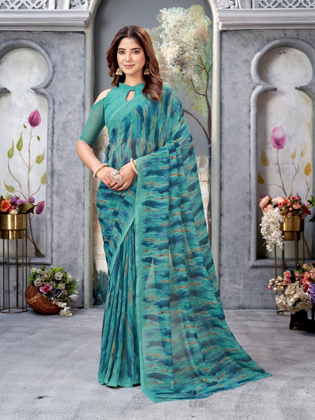 

VARNI FABRICS Abstract Printed Pure Georgette Saree, Green
