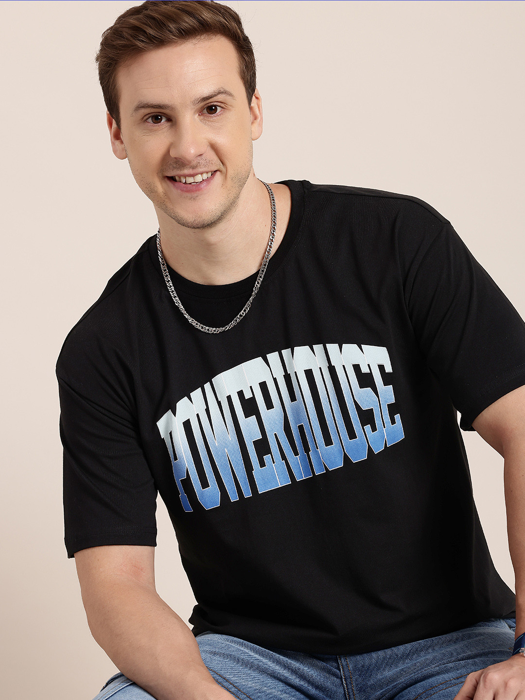 

HERE&NOW Pure Cotton Typography Printed Drop-Shoulder Sleeves T-shirt, Black