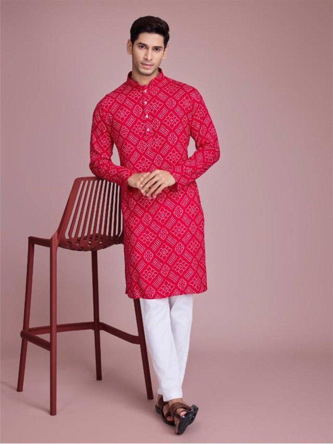 

ODETTE Bandhani Printed Band Collar Straight Kurta, Pink